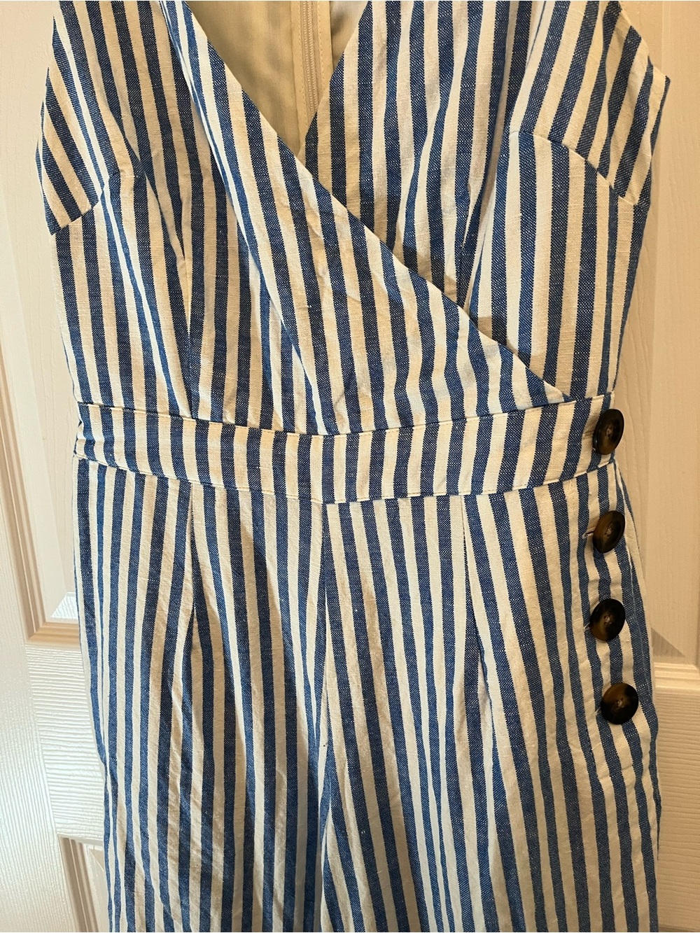 Boden Blue White Stripe Linen Blend Culotte Jumpsuit Petite 4 Coastal Chic - Picture 4 of 8